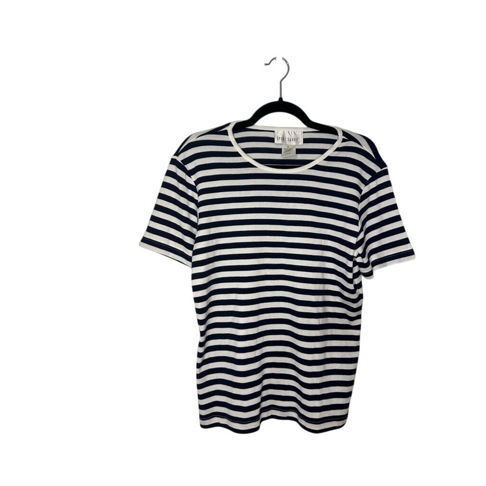 Sport Savvy Striped T-Shirt Women's Short Sleeve Casual Top Navy White